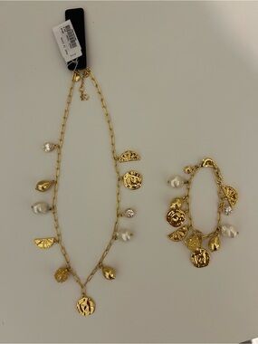 J.Crew NWT Gold Set Necklace And Bracelet Nautical lemon charm Shiny Matte Gold